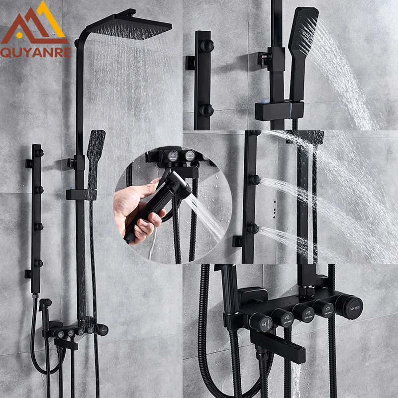 quyanre wanfan gappo matte black chrome shower faucet set with 4 spa jets rainfall shower head handshower with bidet swivel tub spout button control bath shower set