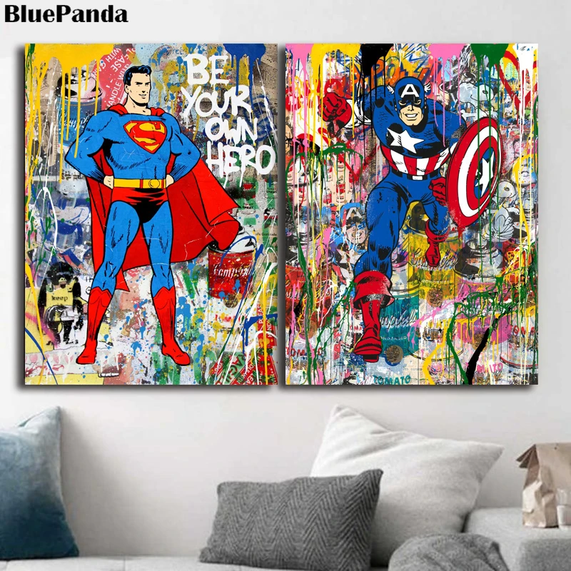 

Banksy Marvel Super Heroes Captain America Poster Brainwash Einstein Chaplin Canvas Painting Street Art Wall Picture Home Decor