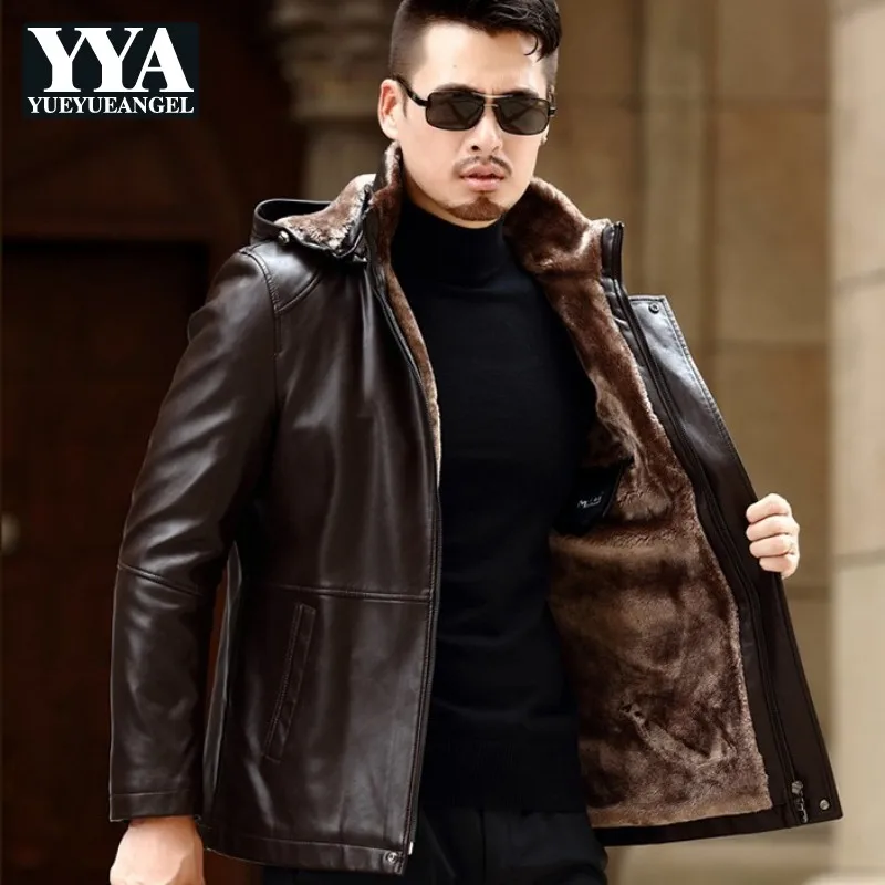 

Mens Winter Fur Lining Pu Leather Jacket Business Slim Fit Hoody Coat Male High Quality Leather Motor Biker Windproof Jackets