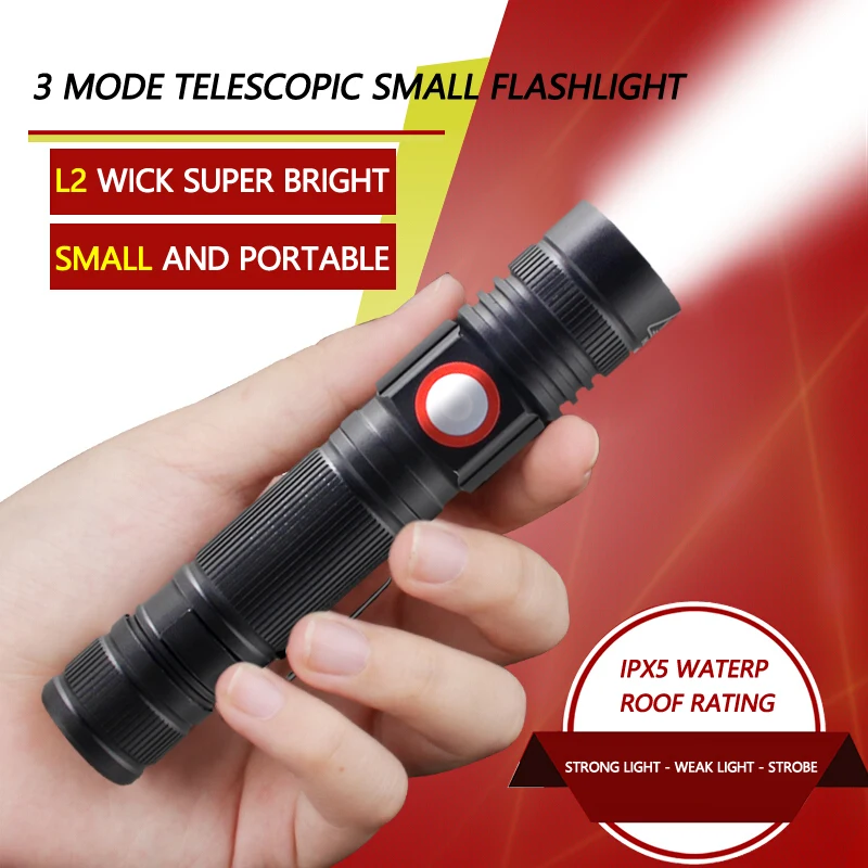 

IPX5 3 Mode Zoomable 800 LM Mini Ultra Bright Portable Tactical Zoom L2 LED Torch Flashlight Lamp for USB Charging