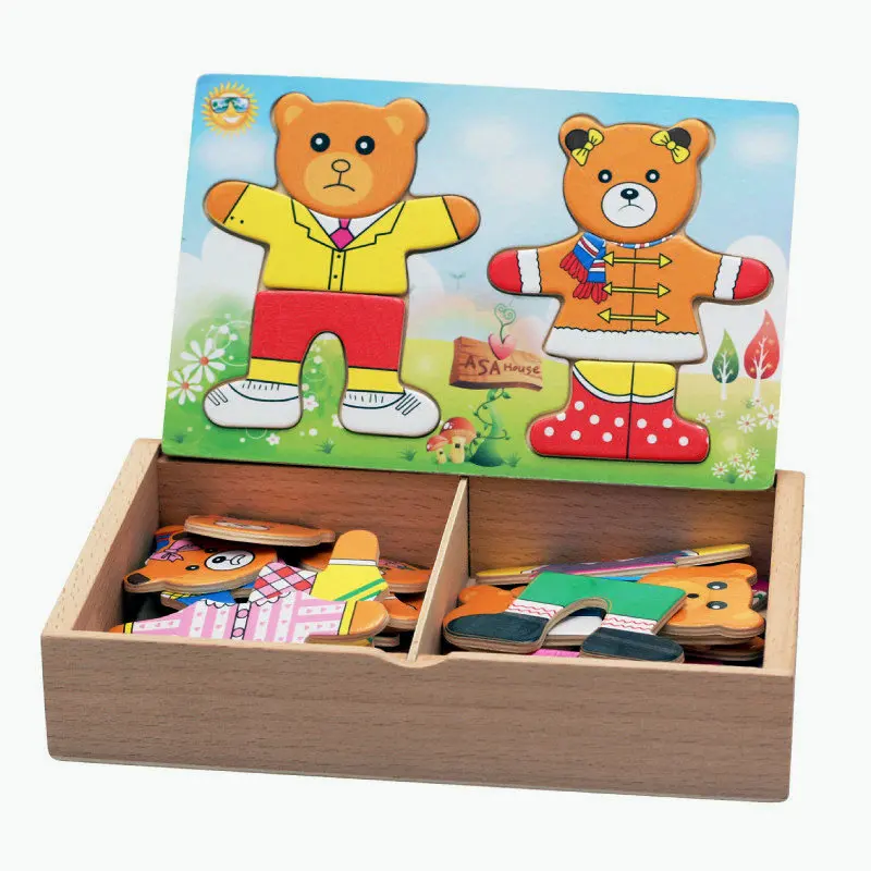 

Free shipping Small bear wooden dressing Puzzle Family toy, Dear wan Wood puzzles Dress Changing/Dressing Jigsaw, children Toy