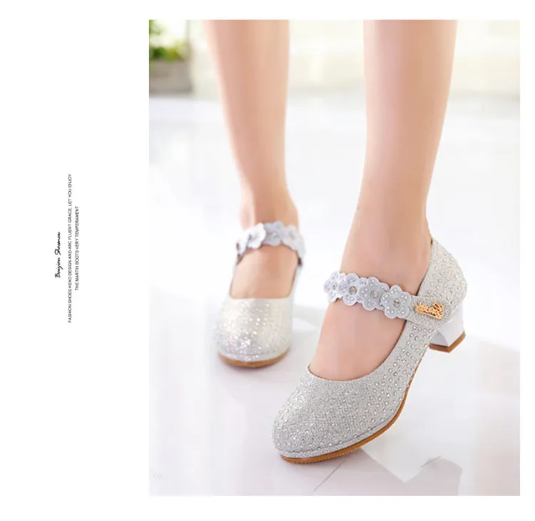 Cristal de Diamante Sapatos de Dança de Flores Infantis de Alta-salto Sapatos de Couro Meninas Sandálias Alto Sapatos Princesa Crianças 5 Sapatos Princesa Sapatos De Couro Crianças Meninas
