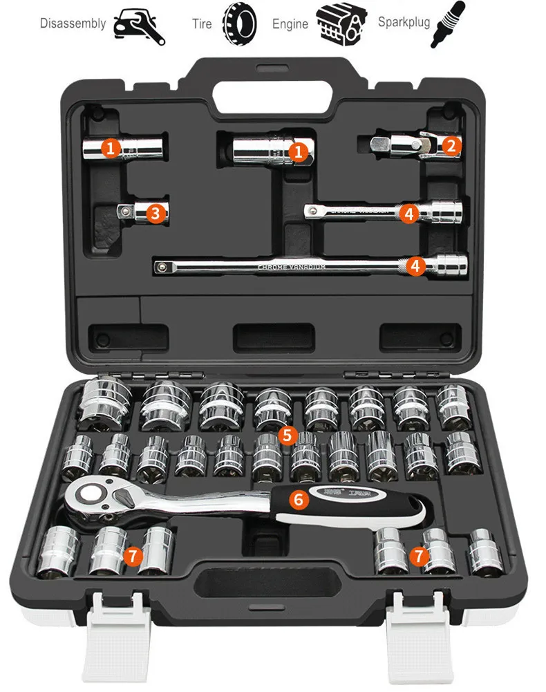 

32 Pcs Car Repair Tool Kit Mirrow Spark Plug Socket set with Hexagonal Sleeve Ratchet Wrench with Extension Rod Auto Tools G32