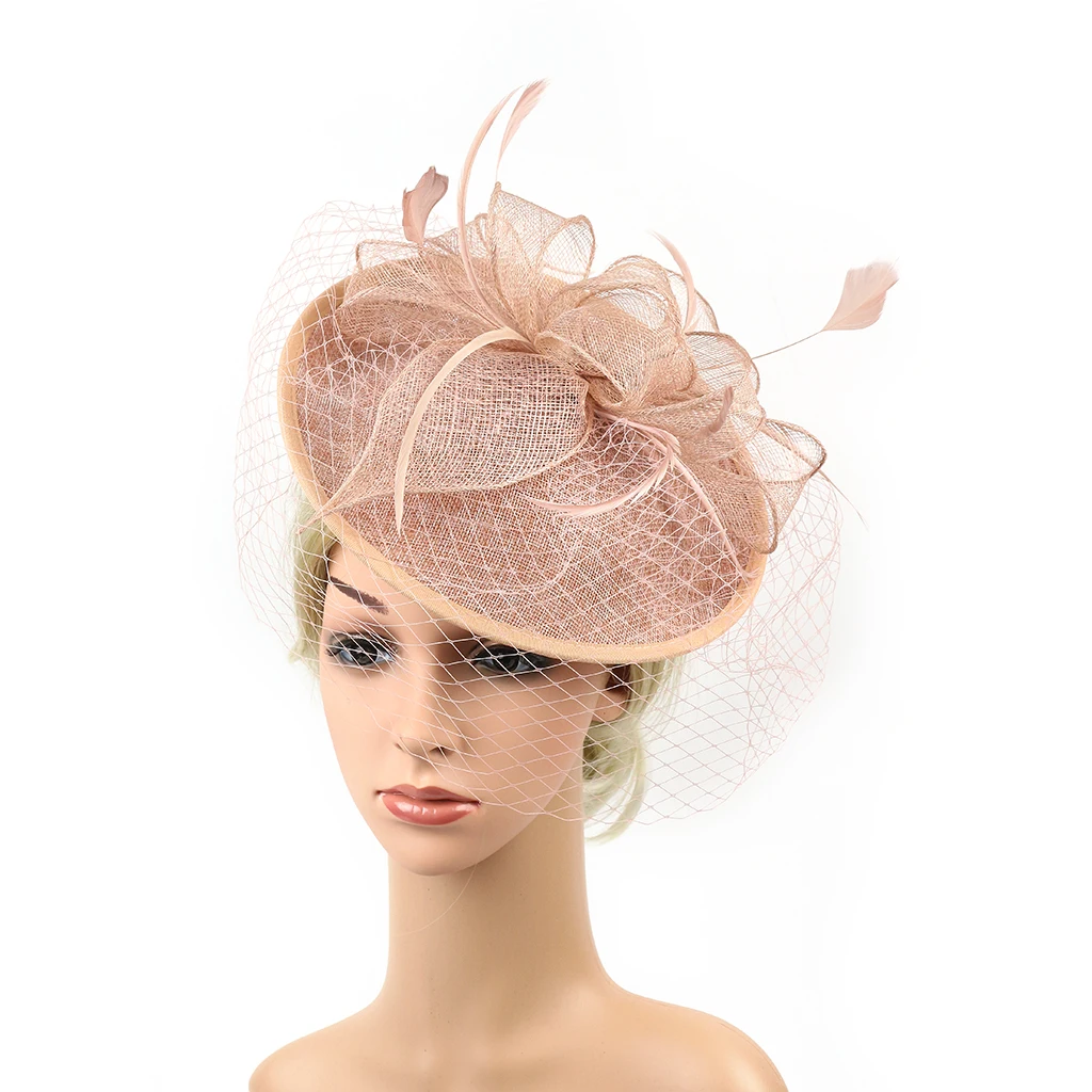 Elegant Women Ladies Sinamay Hat Feather Headband Clip Fascinator Veil Wedding Party Royal Ascot Hair Accessories