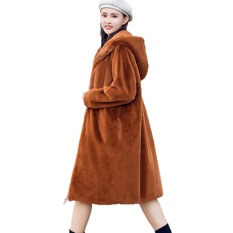 Colour Femmes Cheveux apricot Chaud Caramel Épaississement Femelle De black Hiver Lapin Long Lâche Capuchon Manteau Veste À 2018 Automne Faux Fourrure coréen Nouvelle YRB66n