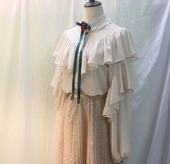 

Freeship ladies vintage medieval casual ruffled stand collar bowknot chiffon Blouses /this is only blouse,not include others