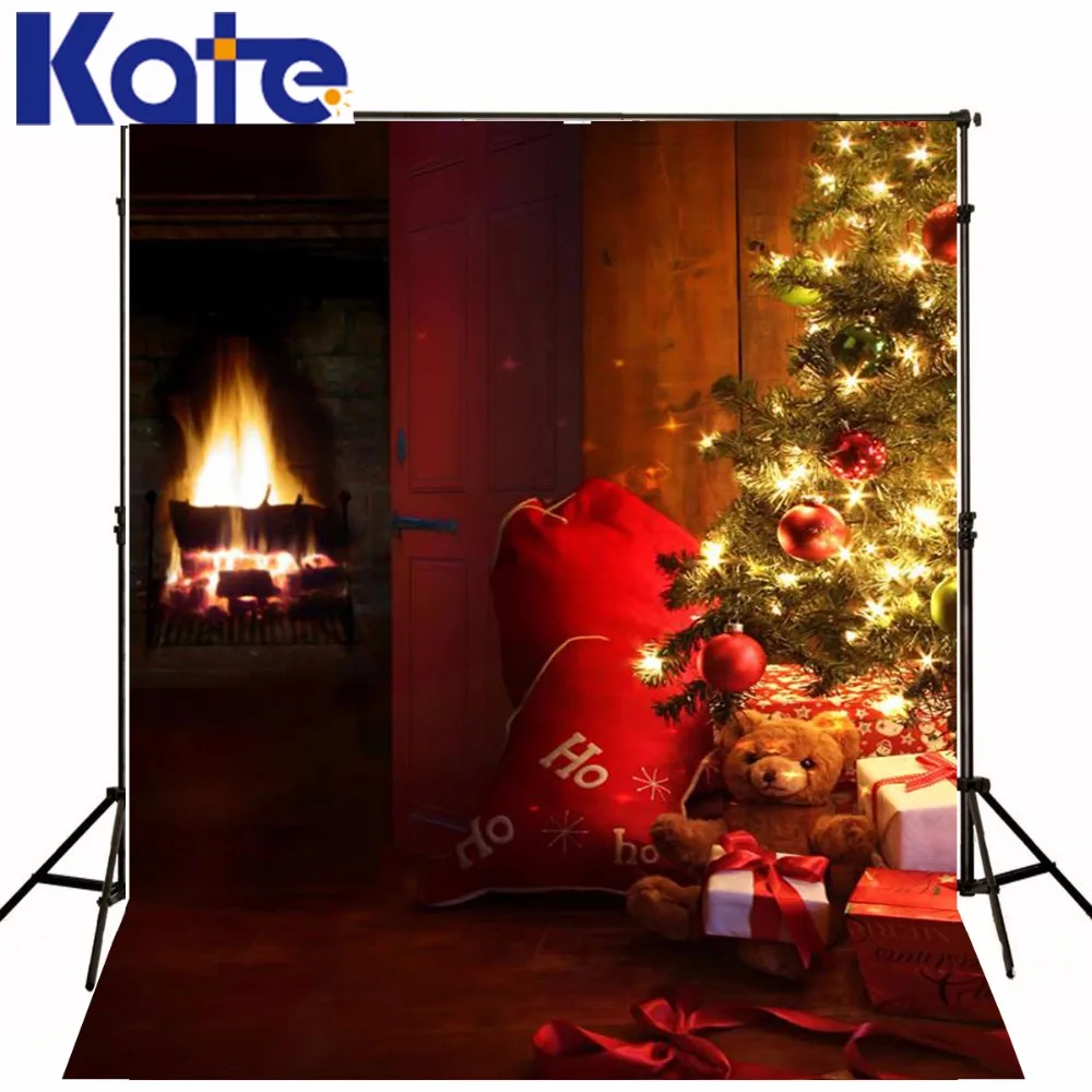 

Kate Photography Backdrops Christmas Tree Bear Fire Stove Background Indoor Red Cute Bears For Children Backdrop Christmas