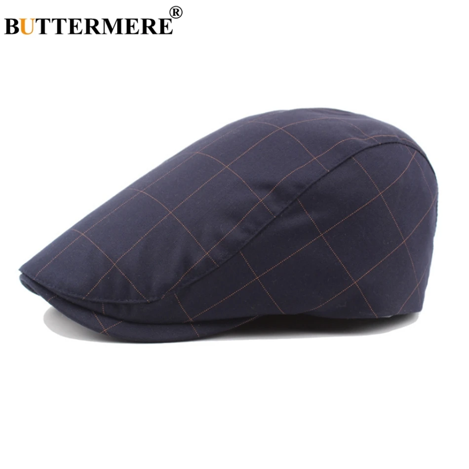 

BUTTERMERE Flat Caps For Men Navy Plaid Beret Hat Male Cotton Checkered Adjustable Cabbie Retro Vintage Autumn Duckbill Hat Navy