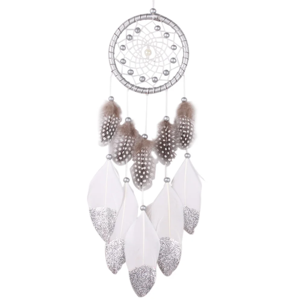 Indian White Dream Catcher Wall Car Hanging Decoration Silver Feather Core Bead Handmade Dreamcatcher 6