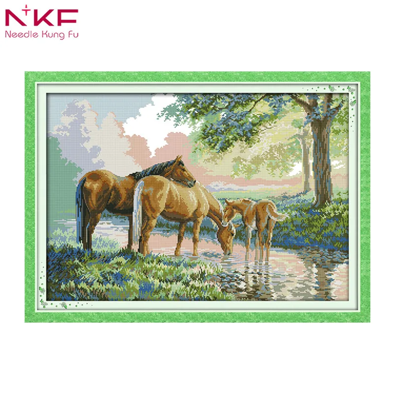 

Horse family Chinese print pattern cross stitch embroidered needlework diy kits counting pattern on canvas sets home decor