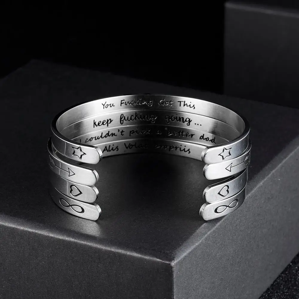 

Simple Fashion Silver Arrow Heart Stainless Steel Open Cuff Engraved Letters Bracelet Bangle For Men Women Wrist Jewelry Gifts