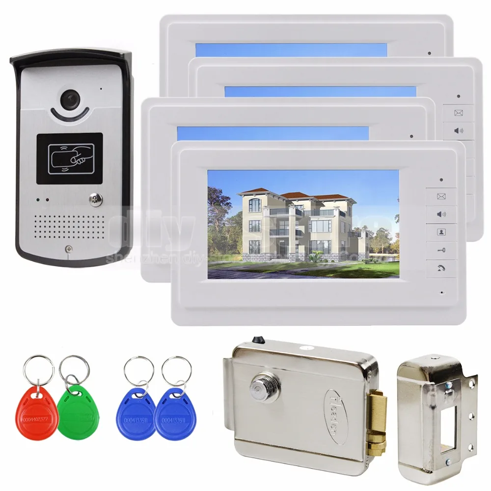 DIYSECUR 7 inch Color Video Door Phone Handsfree Intercom Electric Lock Keyfob Unlock 1 v 4 DIYSECUR 7 inch Color Video Door Phone Handsfree Intercom Electric Lock Keyfob Unlock 1 v 4