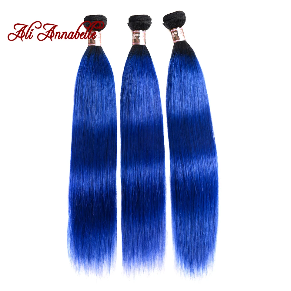 

ALI ANNABELLE HAIR Ombre Brazilian Straight Human Hair Bundles 2 Tone 1b/Blue 3 Bundles Straight Remy Hair Extensions