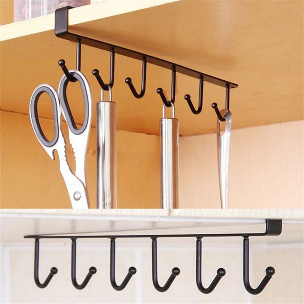 

6 Hooks Cup Holder Hang Kitchen Cabinet Under Shelf Storage Rack Organizer Hook