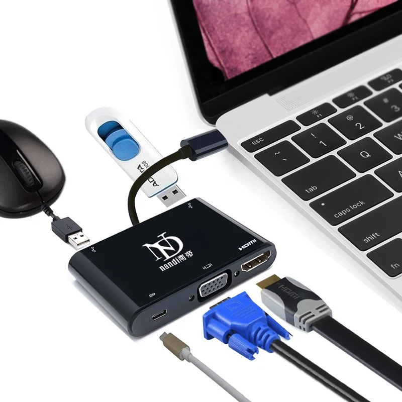  USB3.1 Type-C to HDMI VGA Adapter converter USB3.0 usbc 5in1 Hub Thunderbolt3 Port Compatible Cable