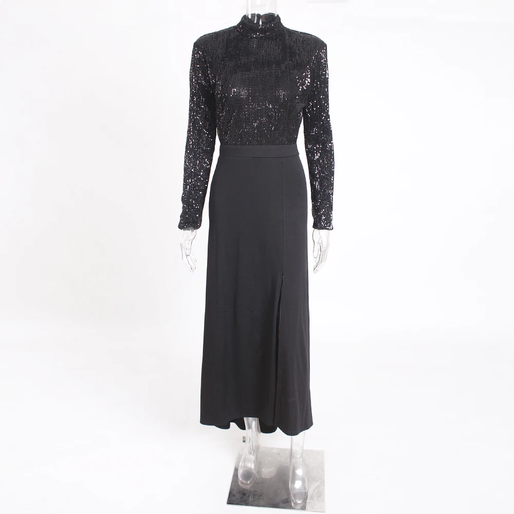Латье с открытой спиной Halter черный Платье с блестками лоскутное сексуальные с длинными рукавами без спинкиплатье для вечеринки вечернее платье