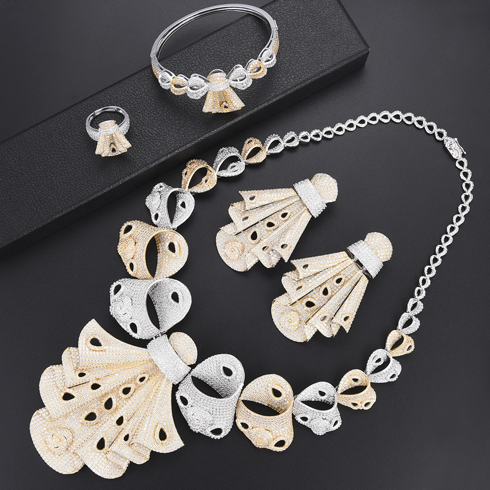 Fashion African Wedding Jewelry Cubic Zirconia Bridal Sets Big Necklace Earrings Bangle Ring Set For Women Engagement | Украшения и