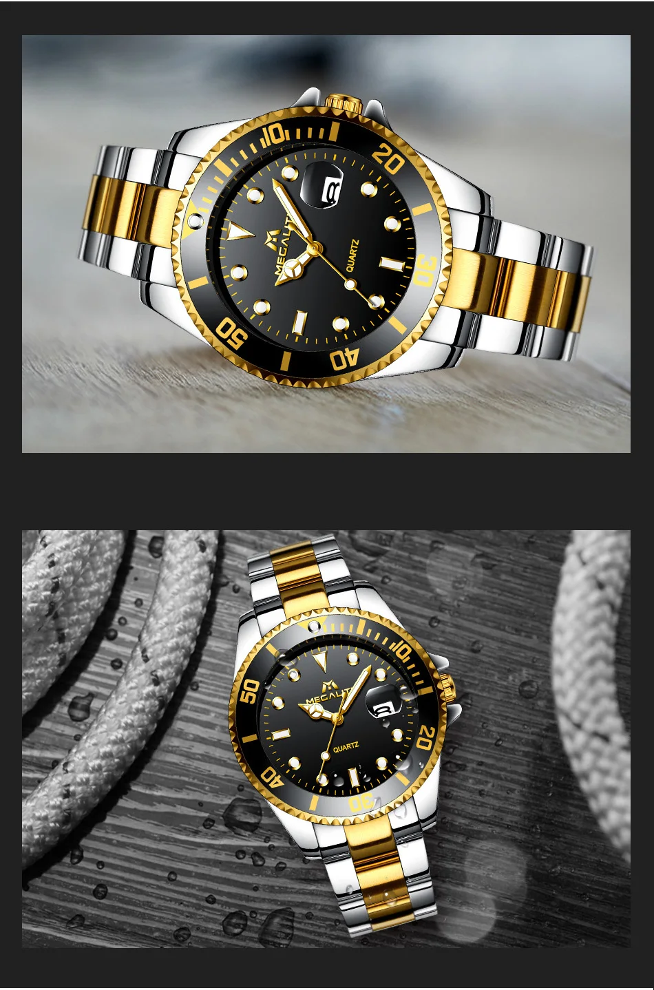 MEGALITH, золотые часы для мужчин, лучший бренд, Роскошные, водонепроницаемые, с календарем, наручные часы для мужчин, деловые, повседневные, нержавеющая сталь, аналоговые Мужские часы