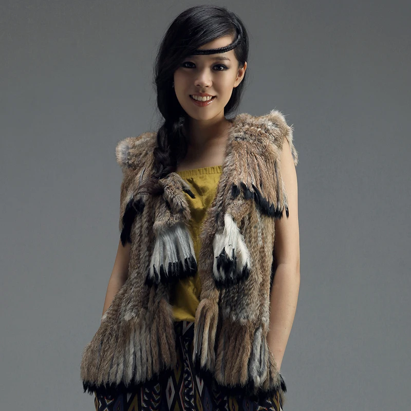 

Free Shipping 100% Genuine Rabbit Fur Knitted Vest, Natural Rabbit Fur Waistcoat With Tassels Fur Gilet SSU-16016