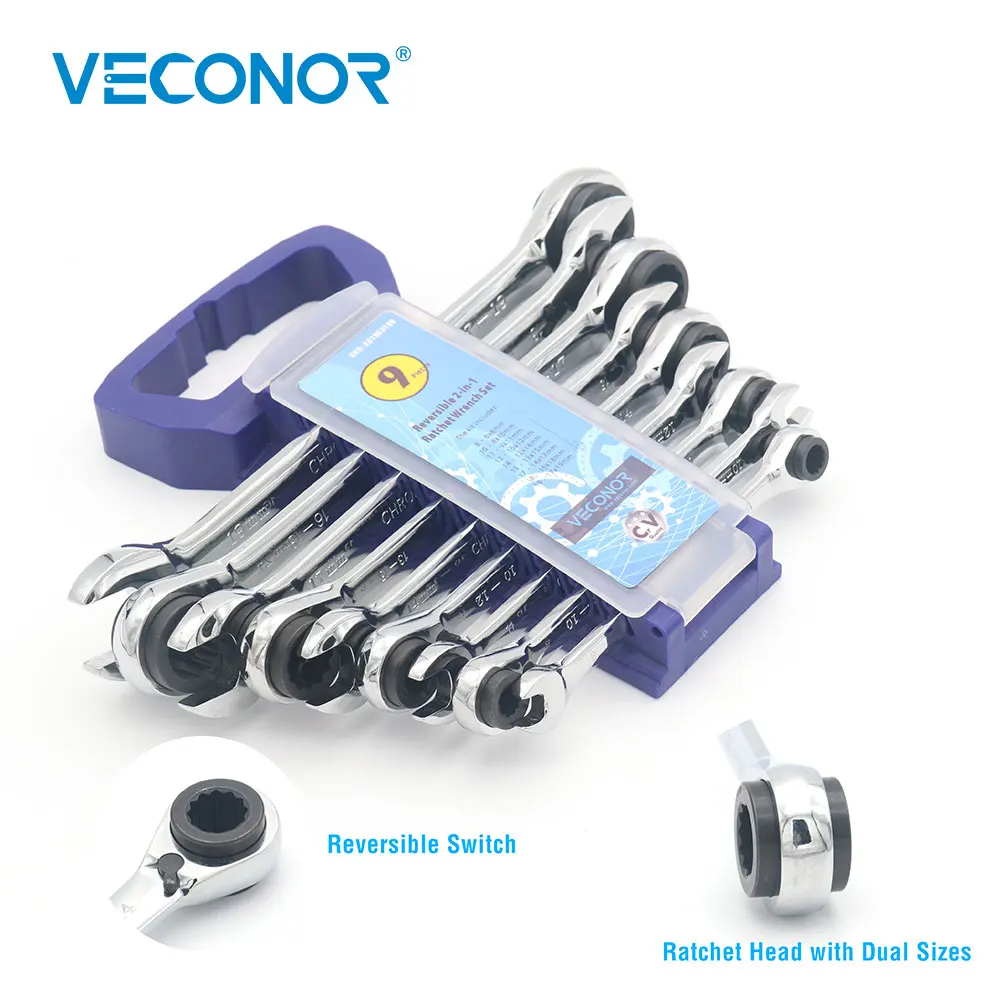

Veconor 9 pieces combo double rachet spanner set ratcheting wrench set two size in one ratchet with reversible switch
