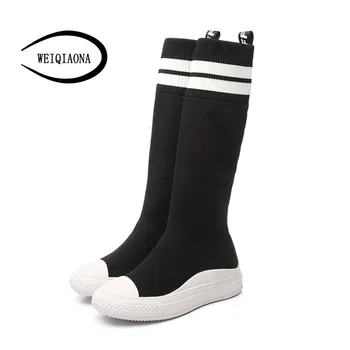 

WEIQIAONA 2018 Snow Boot Brand Design Casual Flat Women Shoes Long Boots low Heel Genuine Leather Dress Shoes Ladies Shoes