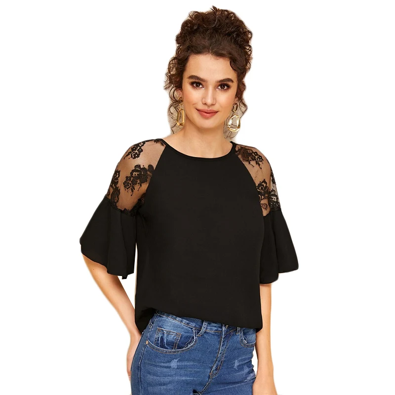 Sheinside Black Contrast Lace Trim Patchwork Blouse Women Summer Flounce Sleeve Blouses Ladies Solid Half Sleeve Top