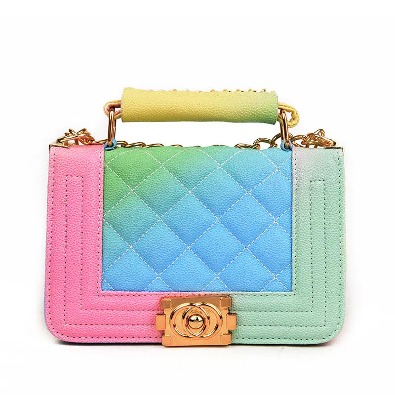 Gradient Rainbow Color Bag Caviar Pu Leather Chic Women Handbages Lady
