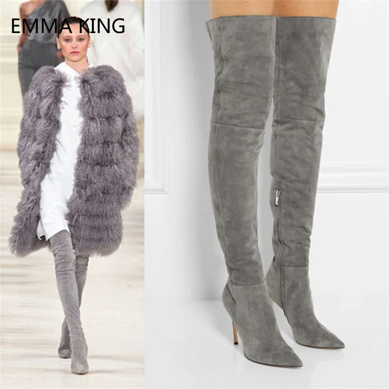 

2018 New Black Long Boots Thigh Pointed Toe Flock Elastic Knee-high Boots For Women Shoes Spring Autumn Thin High-heeled Shoes