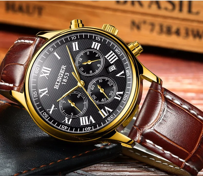 Watches Men Luxury Brand BINGER Automatic Mechanical Watch Waterproof Calendar Leather Wristwatch relogio masculino