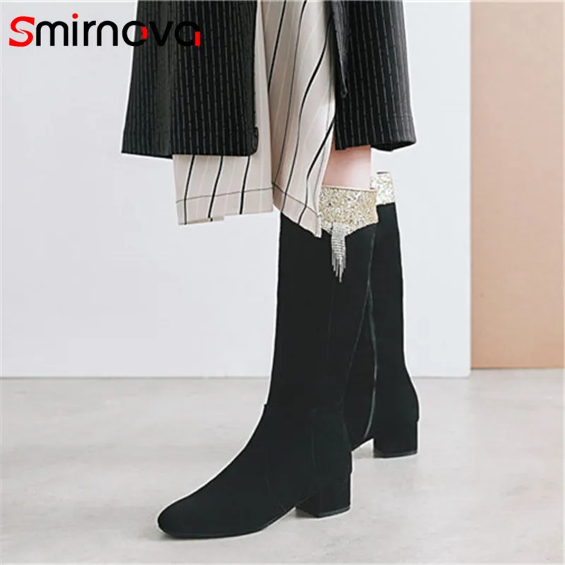 

Smirnova NEW fashion 2020 big size 33-43 knee high boots ladies casual med heels flock boots woman autumn winter boots zipper