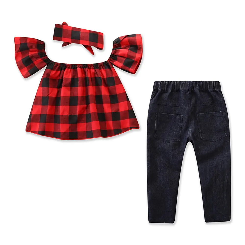 2-7T детский комплект одежды для маленьких девочек, летний кружевной кроп-топ с открытыми плечами и джинсовые штаны Милая уличная одежда