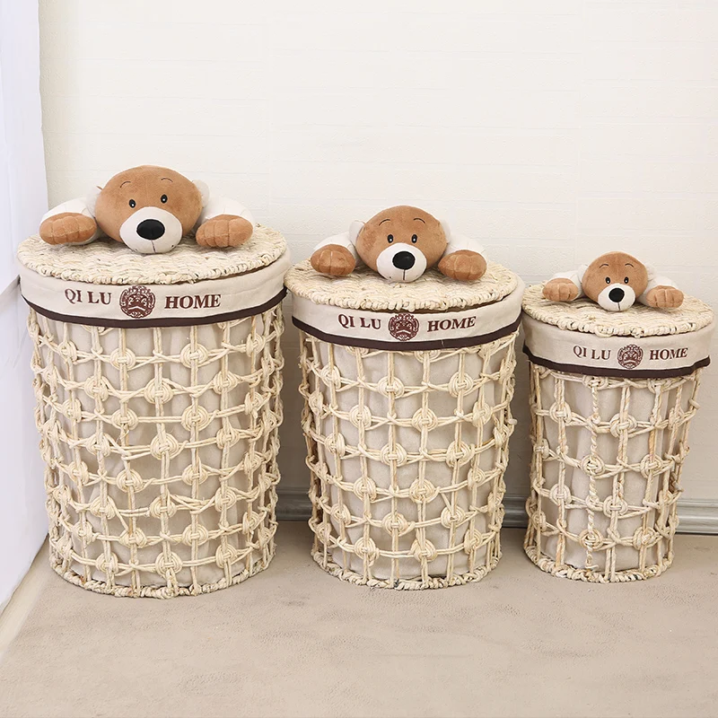 Cartoon bear dirty clothes storage baskets with lid for kids eco-friendly laundry straw weave basket toy storage box with lining