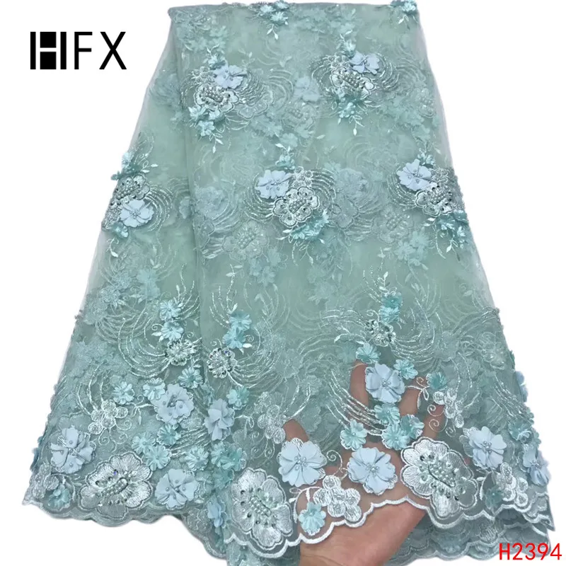 

Latest African Laces HFX 2019 Embroidery 3d Mint Green Flowers Lace Handmade Beaded Tulle Net Lace Fabric for Party Dress X2388