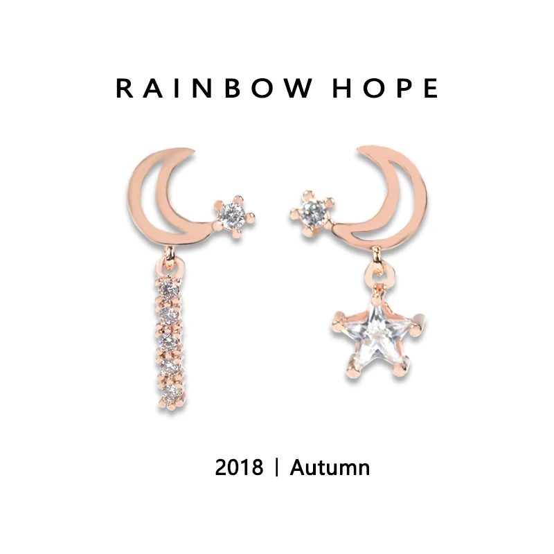 

Asymmetric Small star moon pendant Rose Gold stud earrings S925 silver needle earrings Korean fashion jewelry for women gift