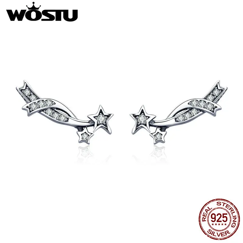 WOSTU, дизайн, настоящее 925 пробы, серебряные сверкающие звезды, Кристальные серьги-гвоздики для женщин, серебряные прозрачные CZ ювелирные изделия, подарок CQE442
