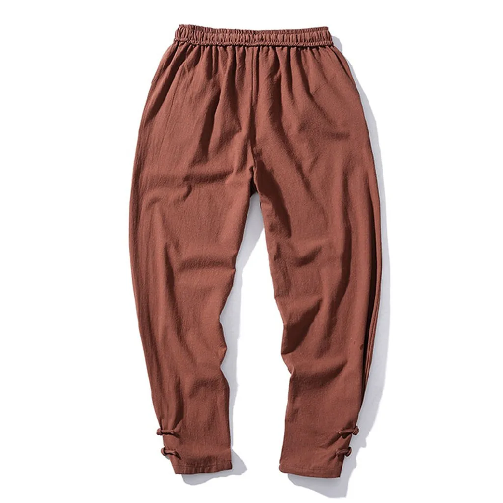 Модные мужские Штаны для тренировок, штаны для бега, Одноцветный полосатый хлопок, лен, длинные штаны, Повседневные Дышащие мужские брюки