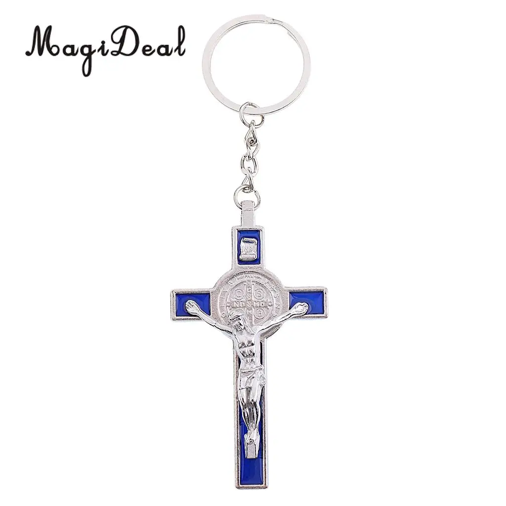 Crucifix Jesus Christ Cross Statue Figurine Keyring Car Home Chapel Decor Silver Blue