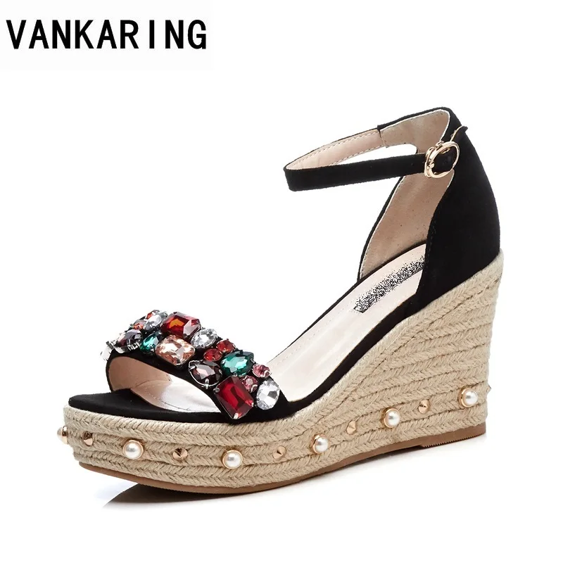 

VANKARING summer fashion high quality women shoes wedges women platform sandals crystal super high heels ladies party date