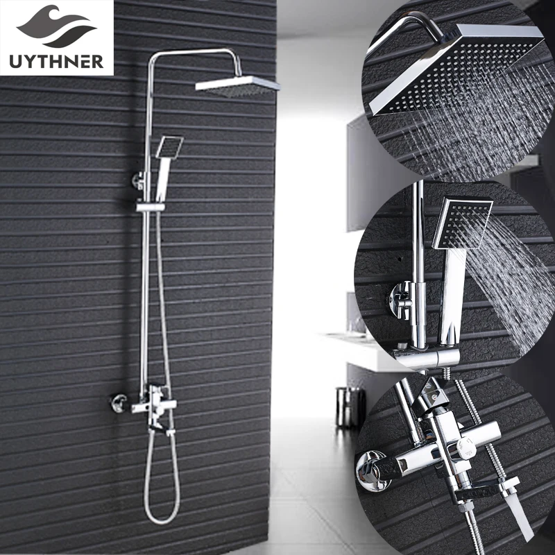 

Uythner Luxury Square 8 inch Rainfall Shower Head with Adjustable Bar Mixer Tap Wall Mounted Chrome Finish