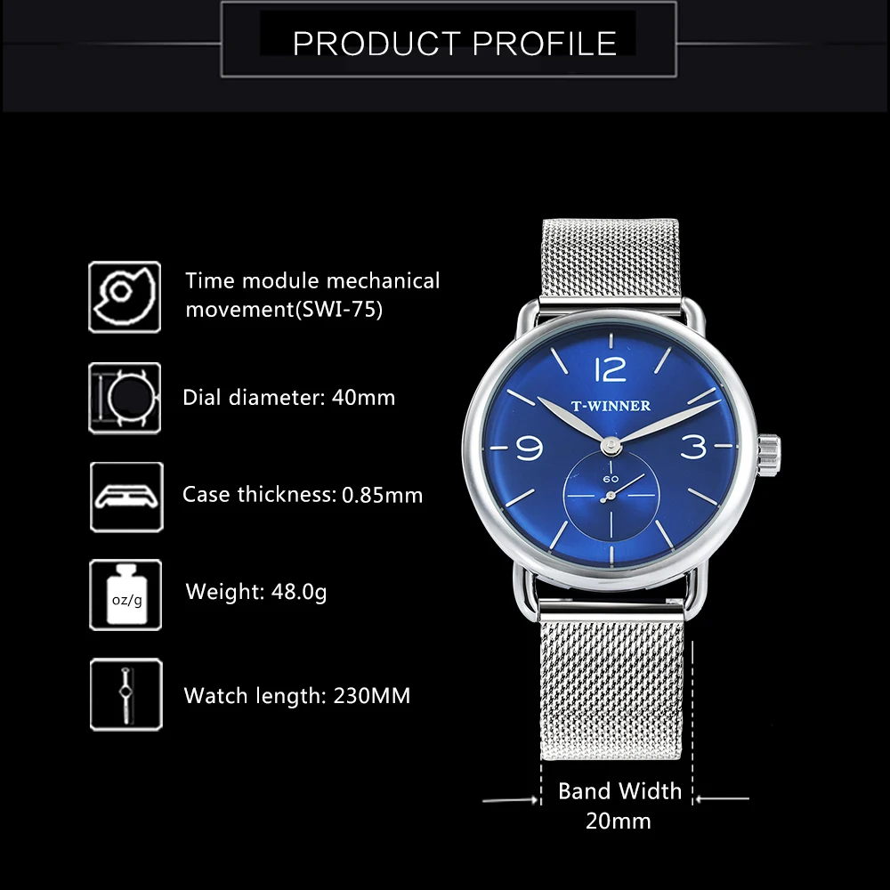 Kopen WINNAAR Officiële Luxe Merk Horloge Mannen Mode Mechanische Mesh Band Blue Marine Dial Casual Eenvoudige Ultra Dunne Heren Horloges