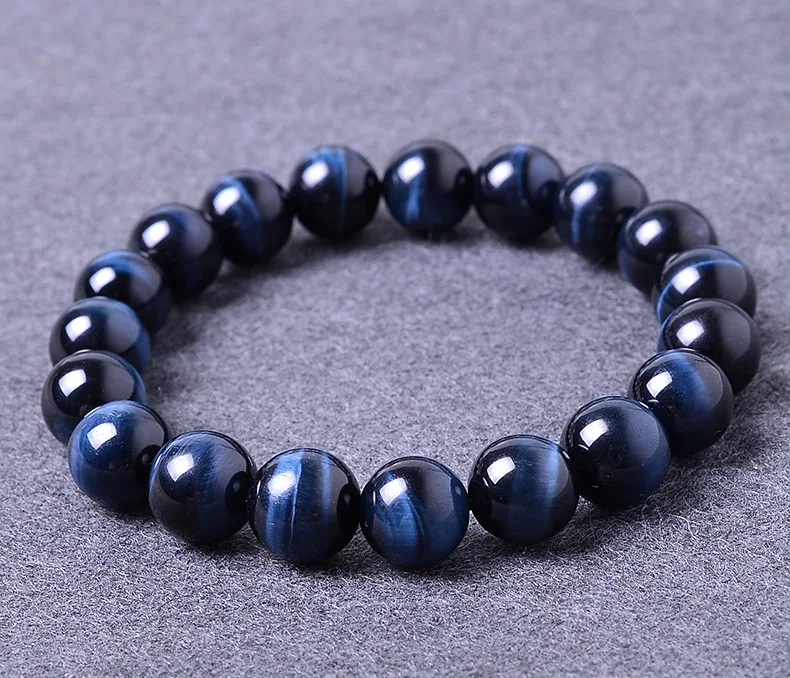 

12mm Blue Tiger Eye Natural Stone Bracelets For Women And Men Jewelry Crystal Silver Charm Bracelets Bangles Elastic Rope Chain