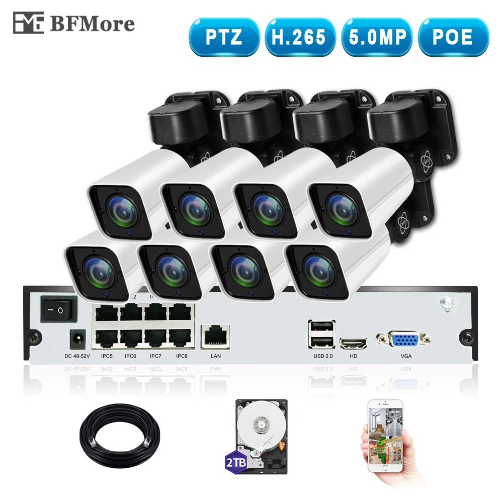 BFMore 8CH H.265 PTZ 5.0MP POE 4X Zoom NVR комплект системы видеонаблюдения ip-камера для наружного видеонаблюдения Комплект ночного видения DIY