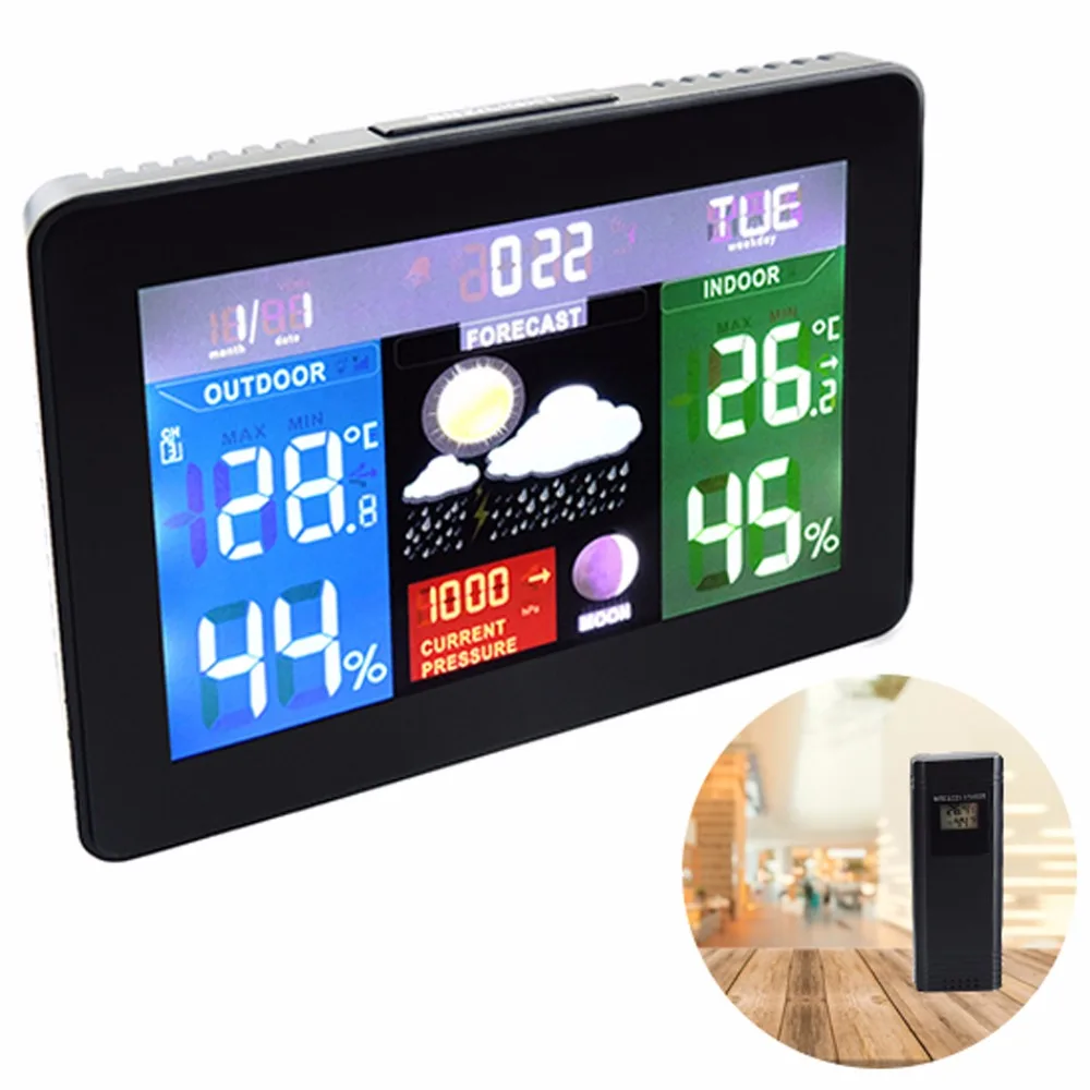 

Wireless Sensors Weather Station Barometer RH% Temperature 5 weather Forecast Color Display Radio Controlled Clock