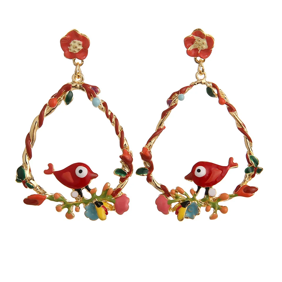 Новые корейские летние Висячие женские серьги, винтажные эмалированные серьги в виде птицы, Золотые серьги в виде цветка из сплава, модные женские серьги