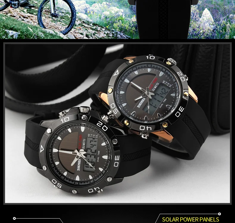SKMEI солнечные наручные часы с двойным дисплеем спортивные часы с хронографом и будильником 50 м водонепроницаемые кварцевые наручные часы с полным календарем 1064