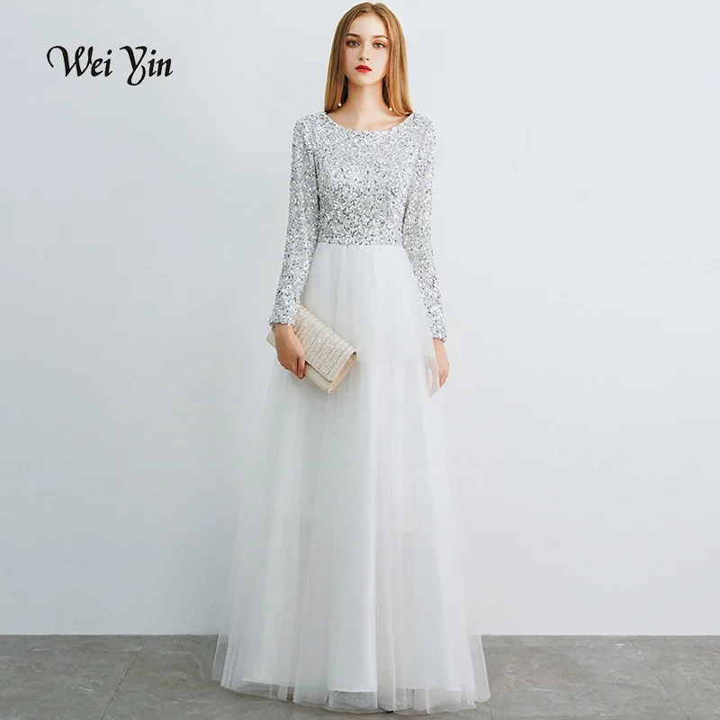 

weiyin Robe De Soiree Long Sleeves White Long Evening Dresses 2019 Floor Length Vintage Sequined Top Cheap Prom Dresses WY1066