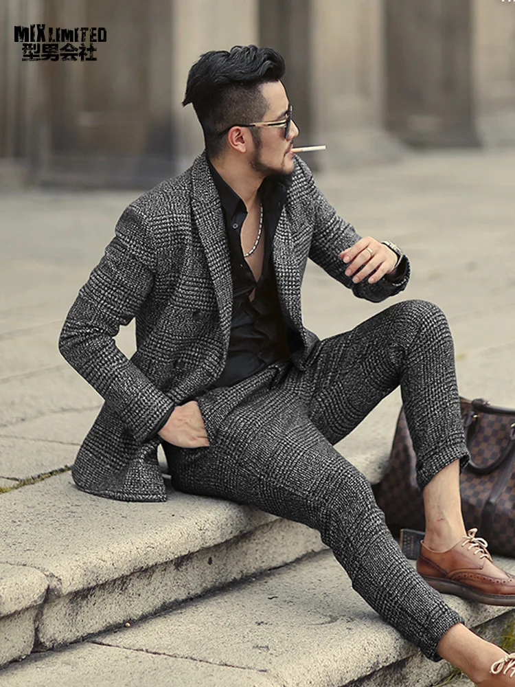 Мужские осенние и зимние клетчатые новые серые узоры Тонкий Повседневный Банкетный Блейзер костюм мужской шерстяной Европейский стиль деловой костюм F311