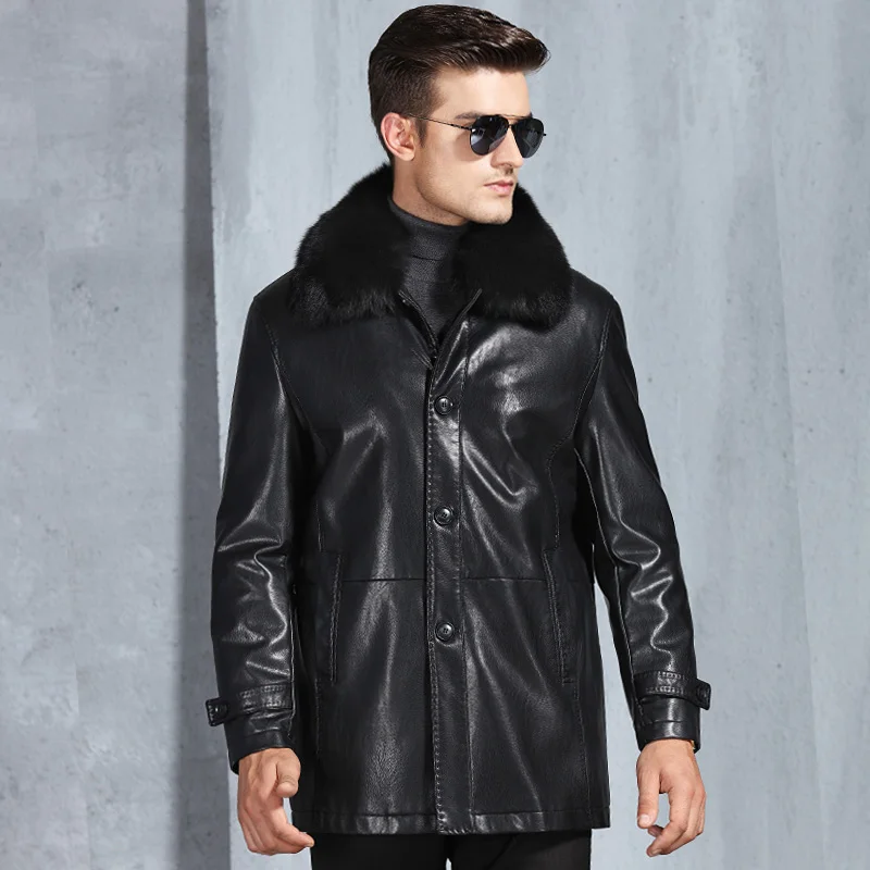 Роскошные зимние из натуральной кожи Для мужчин s куртка кролик меховой воротник мех внутри супер теплые зимние пальто Для мужчин jaqueta couro