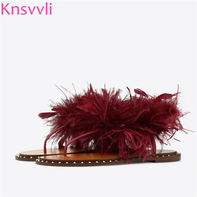 

Knsvvli 2019 Summer Runway New Flat Sandals Women Ostrich hair Decoration Rivets Studded Comfort Flip flops Shoes Woman