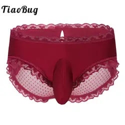 TiaoBug Для мужчин рюшами кружевное нижнее белье SISSY Pantie пенис, выпуклость мешок чистой Прозрачный приклад бикини трусы горячее сексуальное